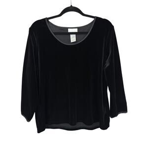 Worthington Black Velour Scoop Neck Top 3/4 Sleeve Soft Velvet Stretch XL